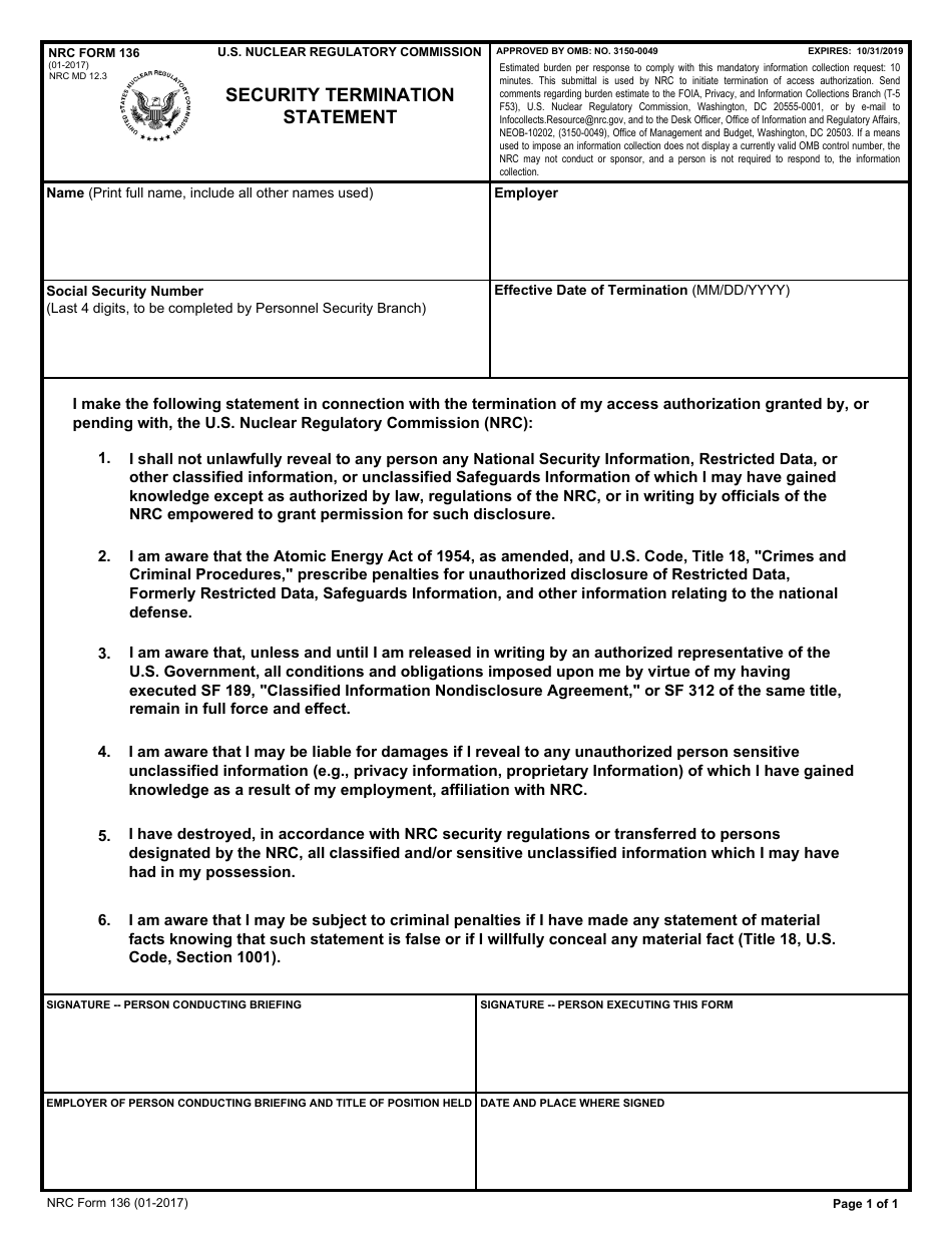 NRC Form 136 - Fill Out, Sign Online and Download Fillable PDF ...