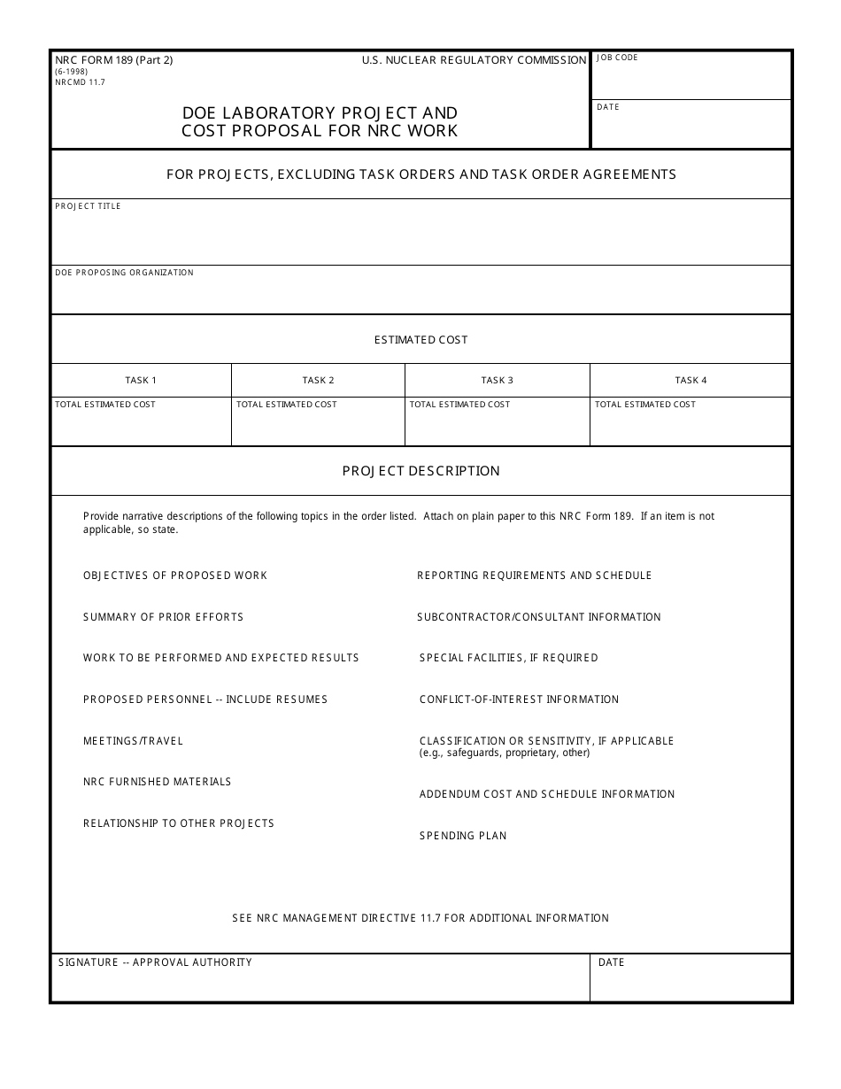 NRC Form 189 Doe Laboratory Project and Cost Proposal for NRC Work, Page 4