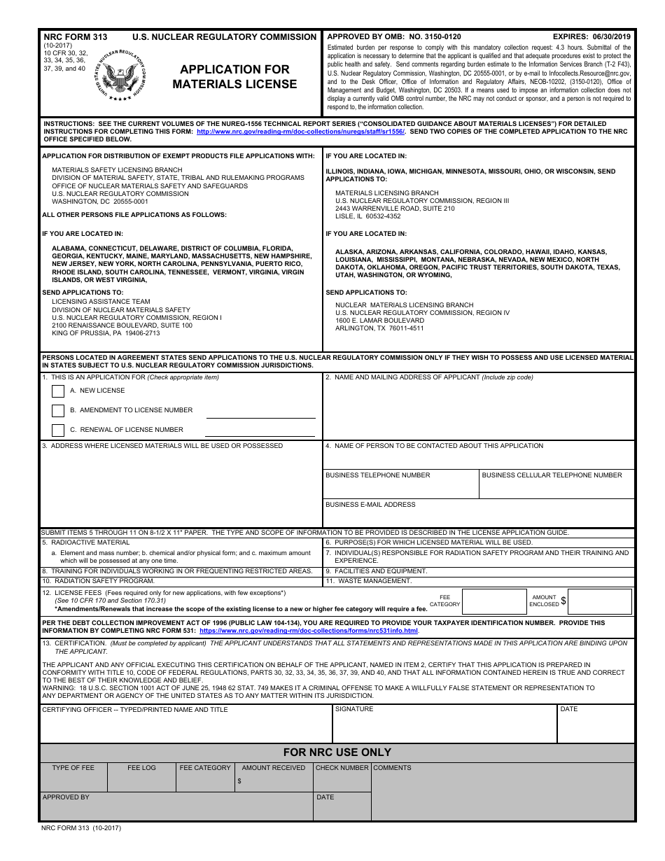 NRC Form 313 Application for Materials License, Page 1