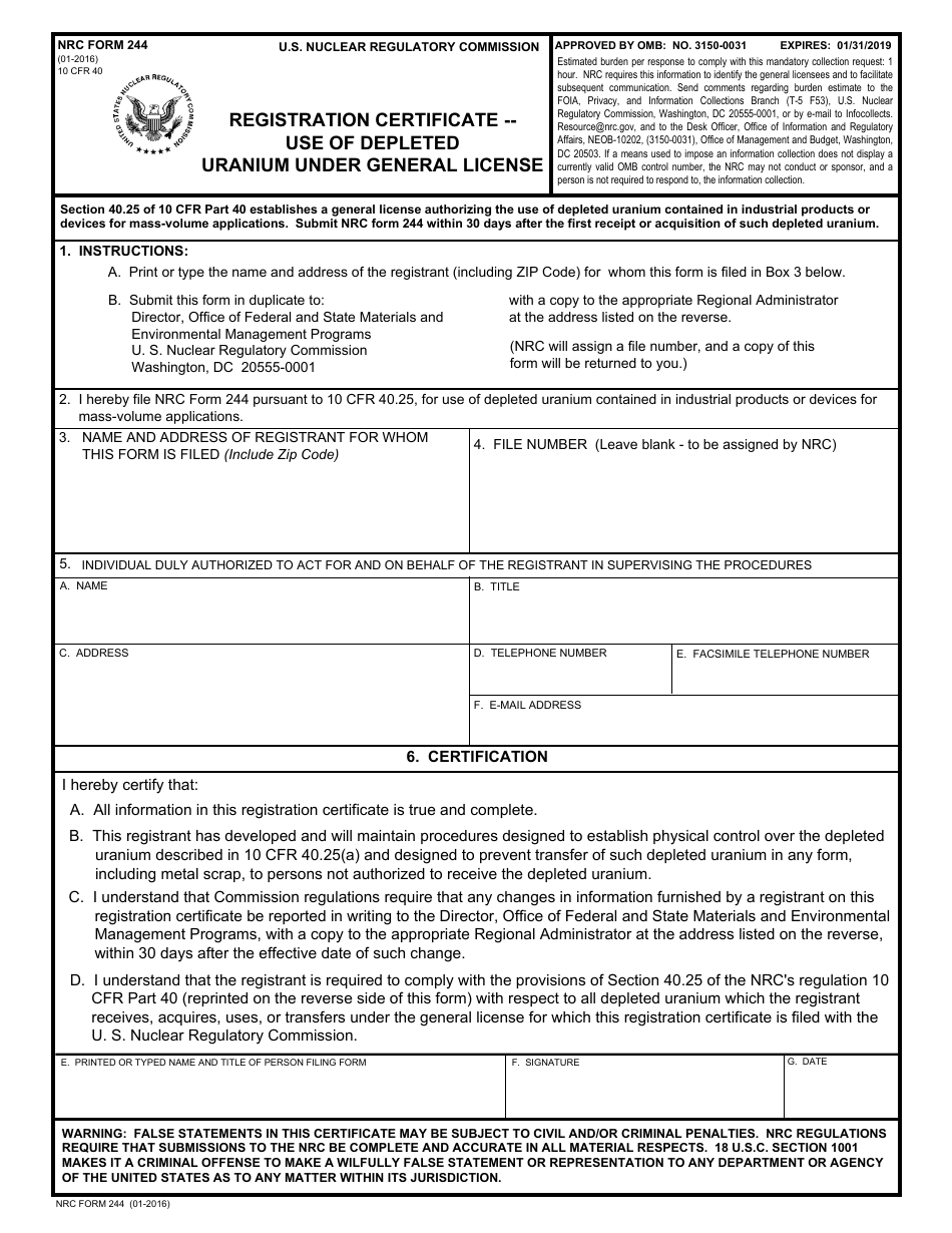 NRC Form 244 Registration Certificate - Use of Depleted Uranium Under General License, Page 1