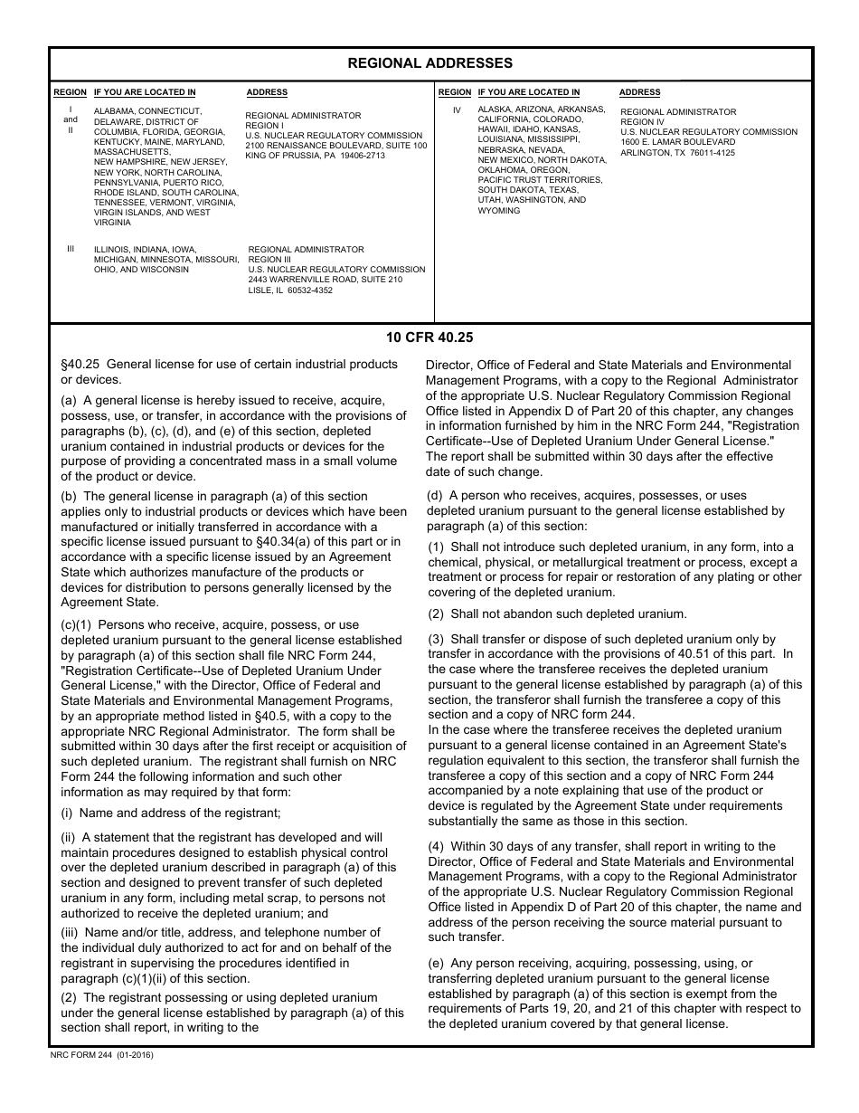 NRC Form 244 Registration Certificate - Use of Depleted Uranium Under General License, Page 2