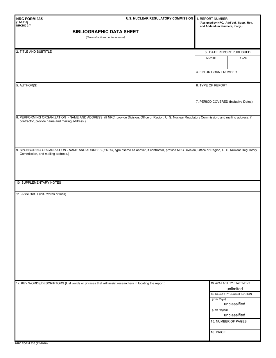 NRC Form 335 Bibliographic Data Sheet, Page 1