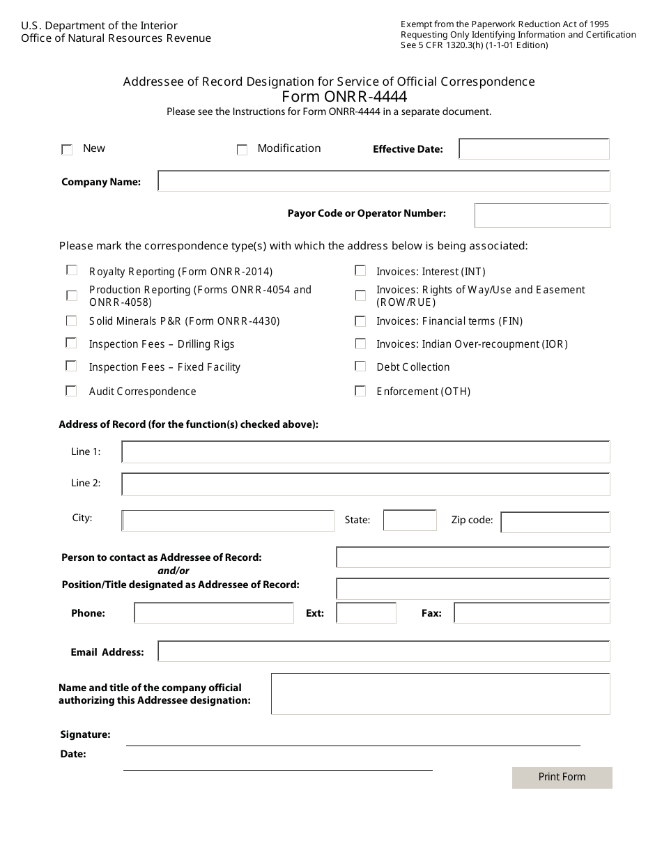 Form ONRR-4444 Addressee of Record Designation for Service of Official Correspondence, Page 1