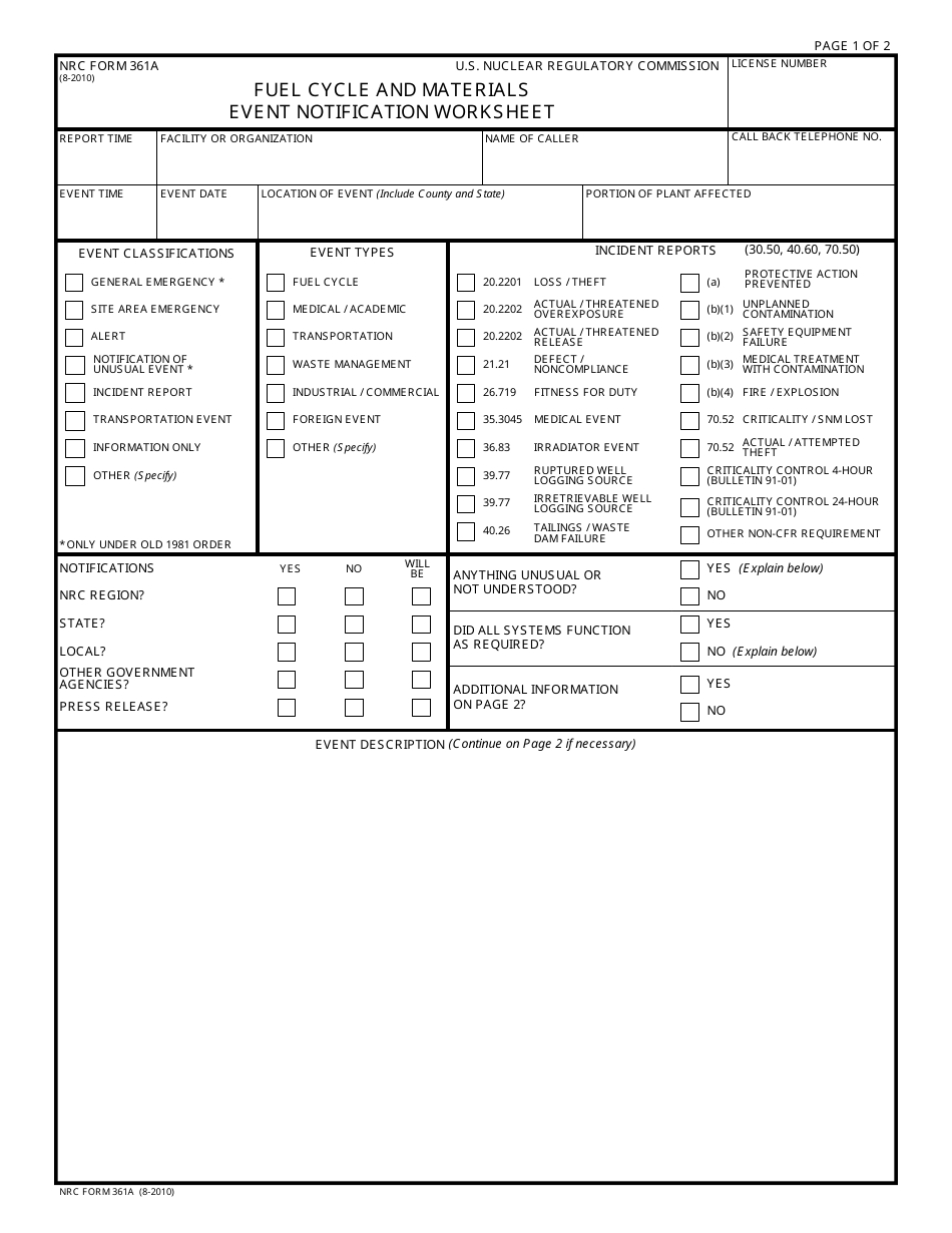 NRC Form 361a Fuel Cycle and Materials Event Notification Worksheet, Page 1