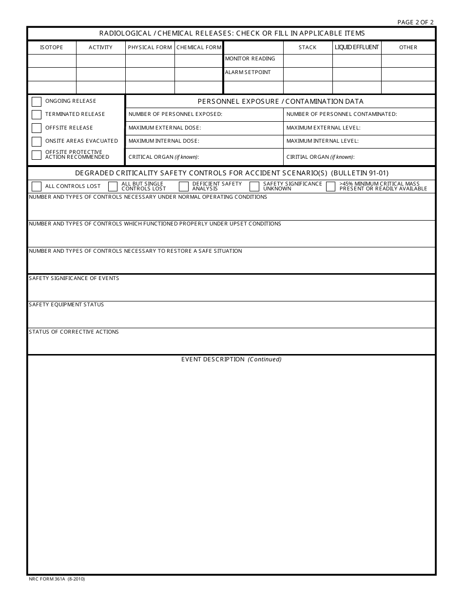 NRC Form 361a Fuel Cycle and Materials Event Notification Worksheet, Page 2
