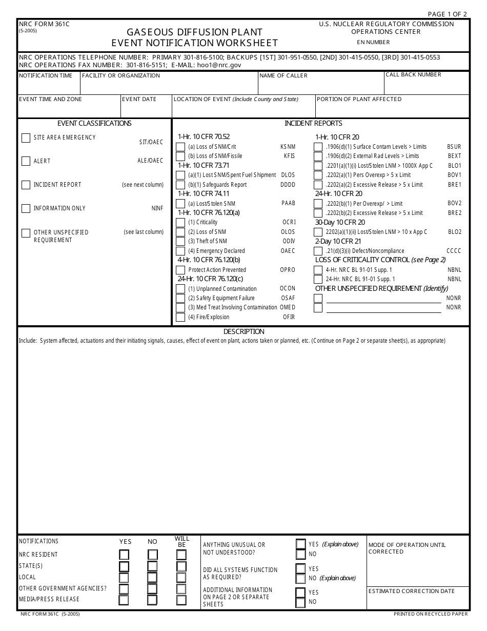 NRC Form 361c Gaseous Diffusion Plant Event Notification Worksheet, Page 1