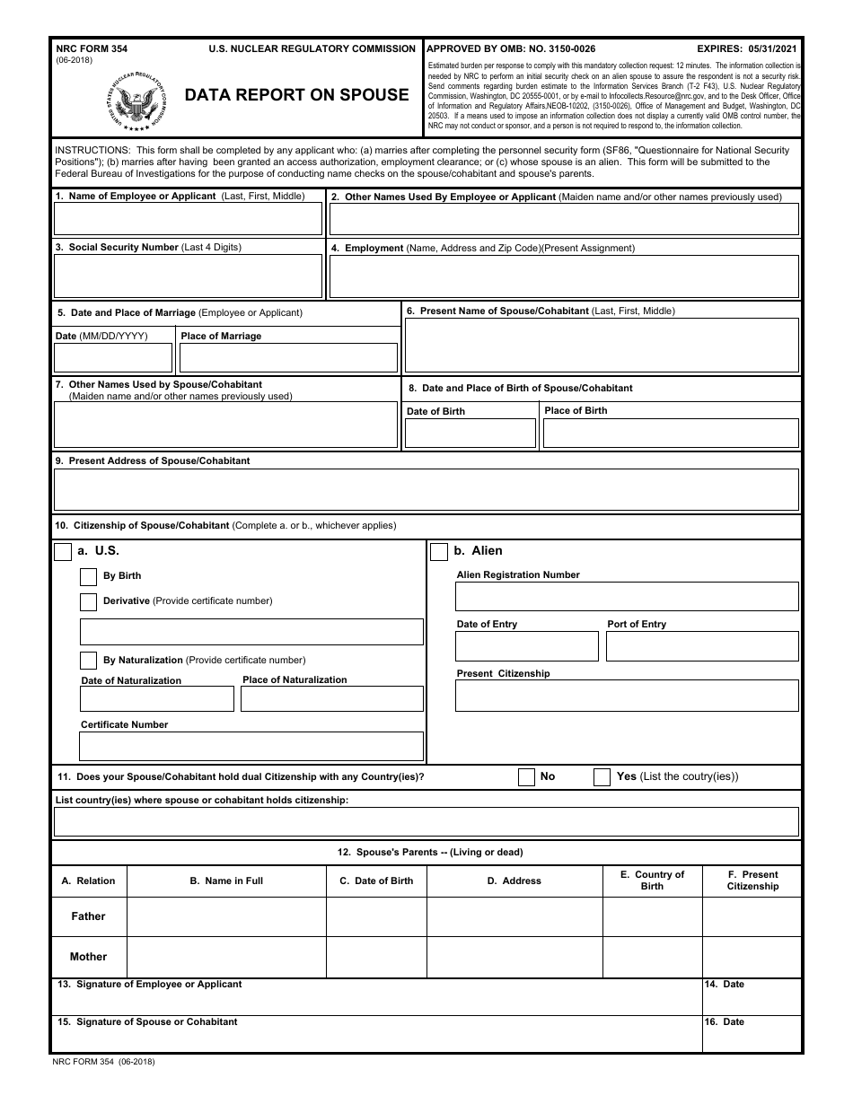NRC Form 354 Data Report on Spouse, Page 1