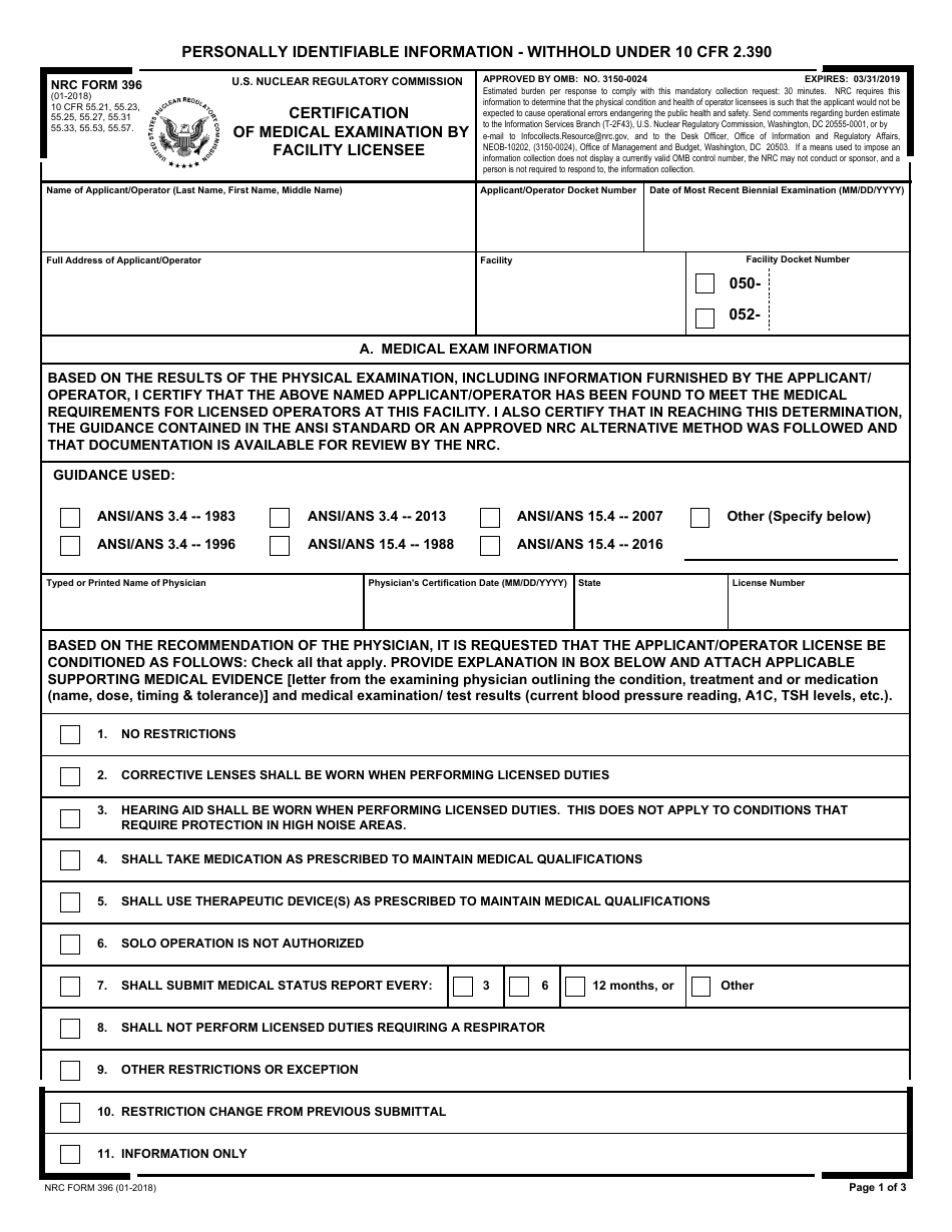 NRC Form 396 Certification of Medical Examination by Facility Licensee, Page 1