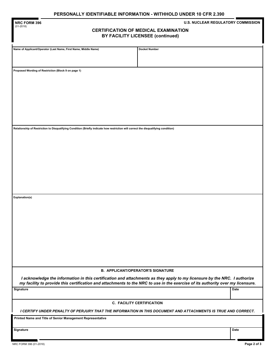 NRC Form 396 Certification of Medical Examination by Facility Licensee, Page 2