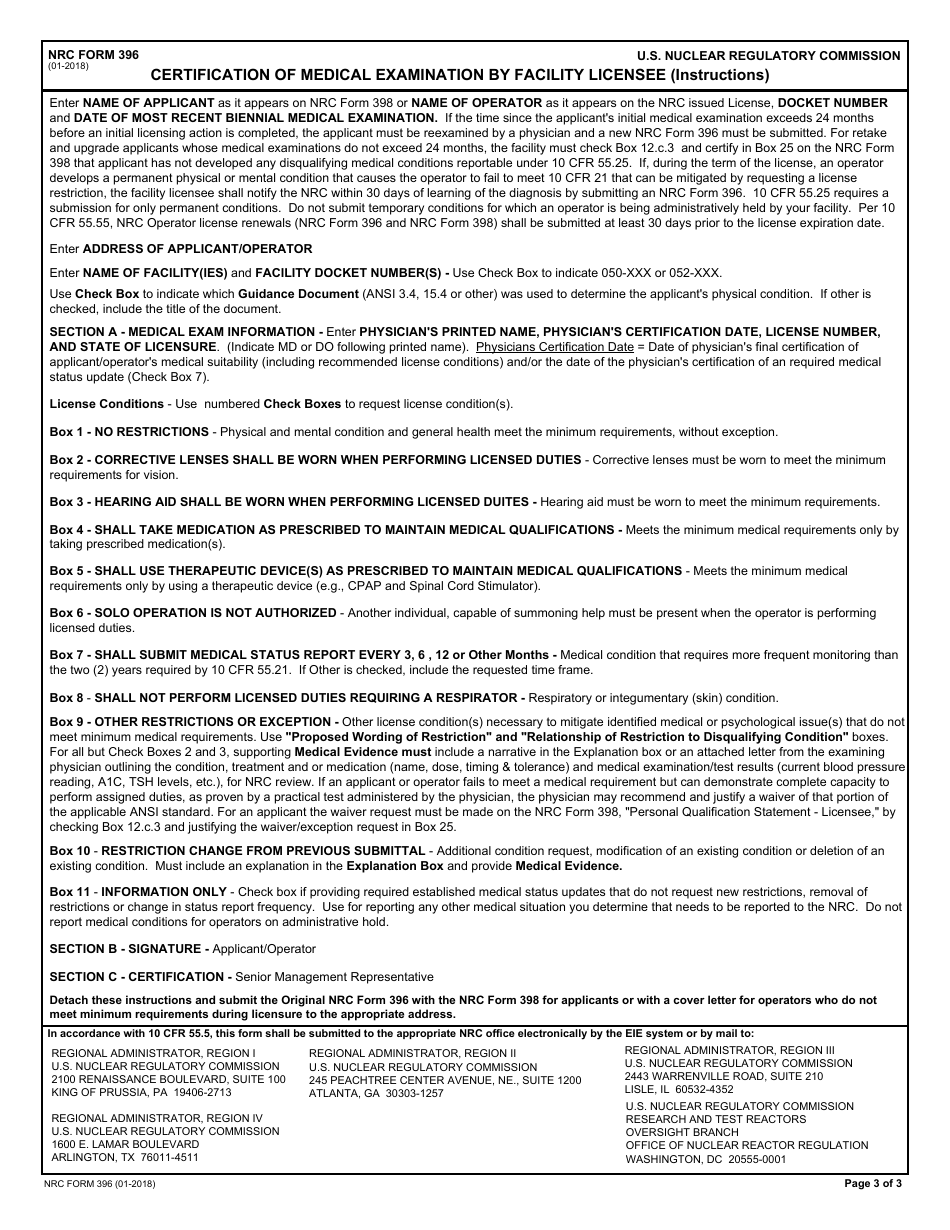 NRC Form 396 Certification of Medical Examination by Facility Licensee, Page 3