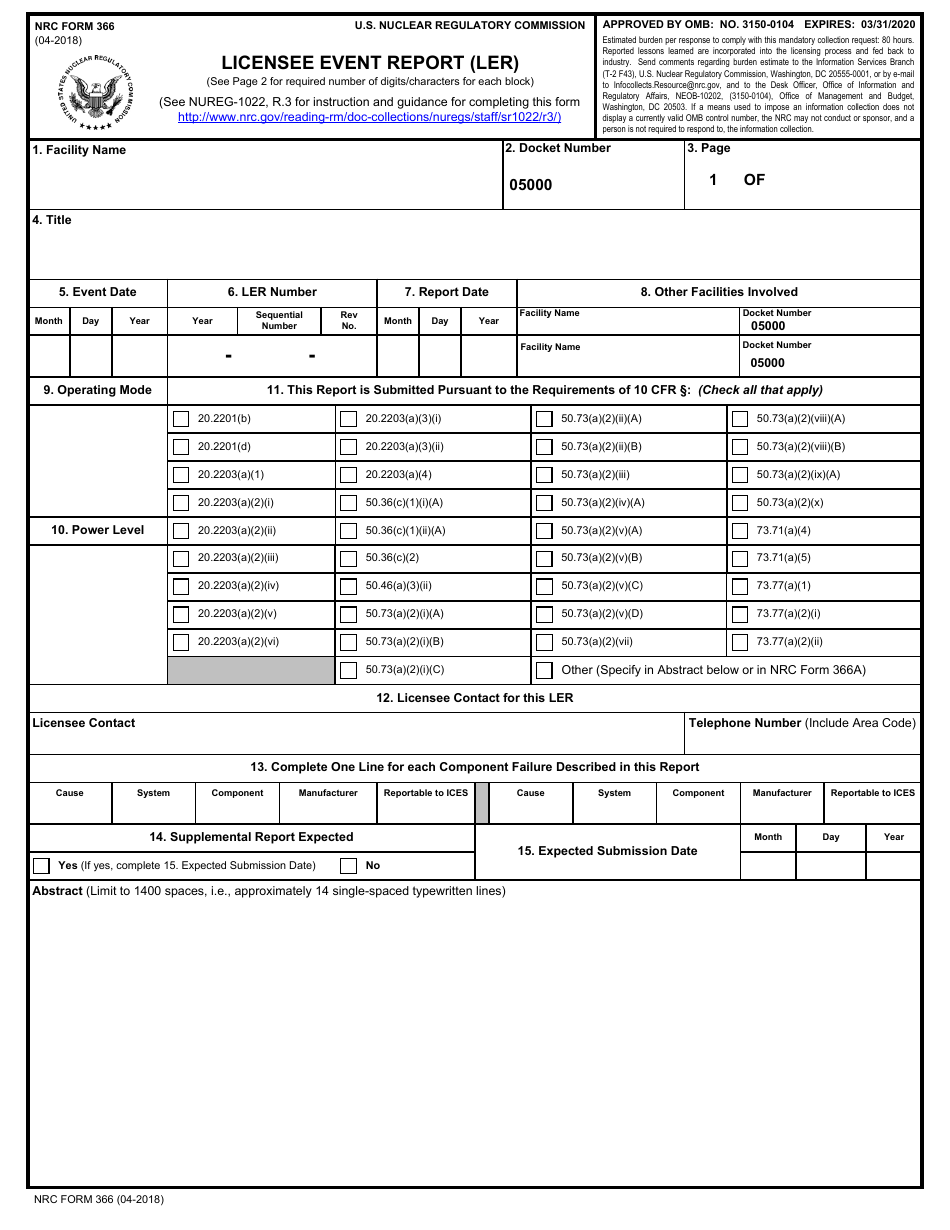 NRC Form 366 Download Fillable PDF or Fill Online Licensee Event Report ...