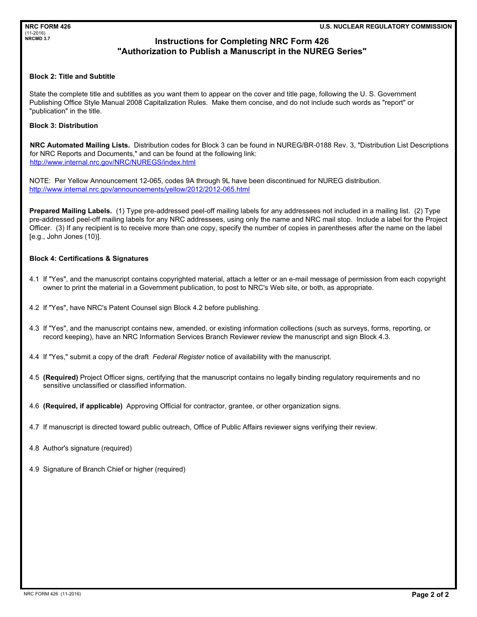 NRC Form 426 Authorization to Publish a Manuscript in the Nureg Series, Page 2