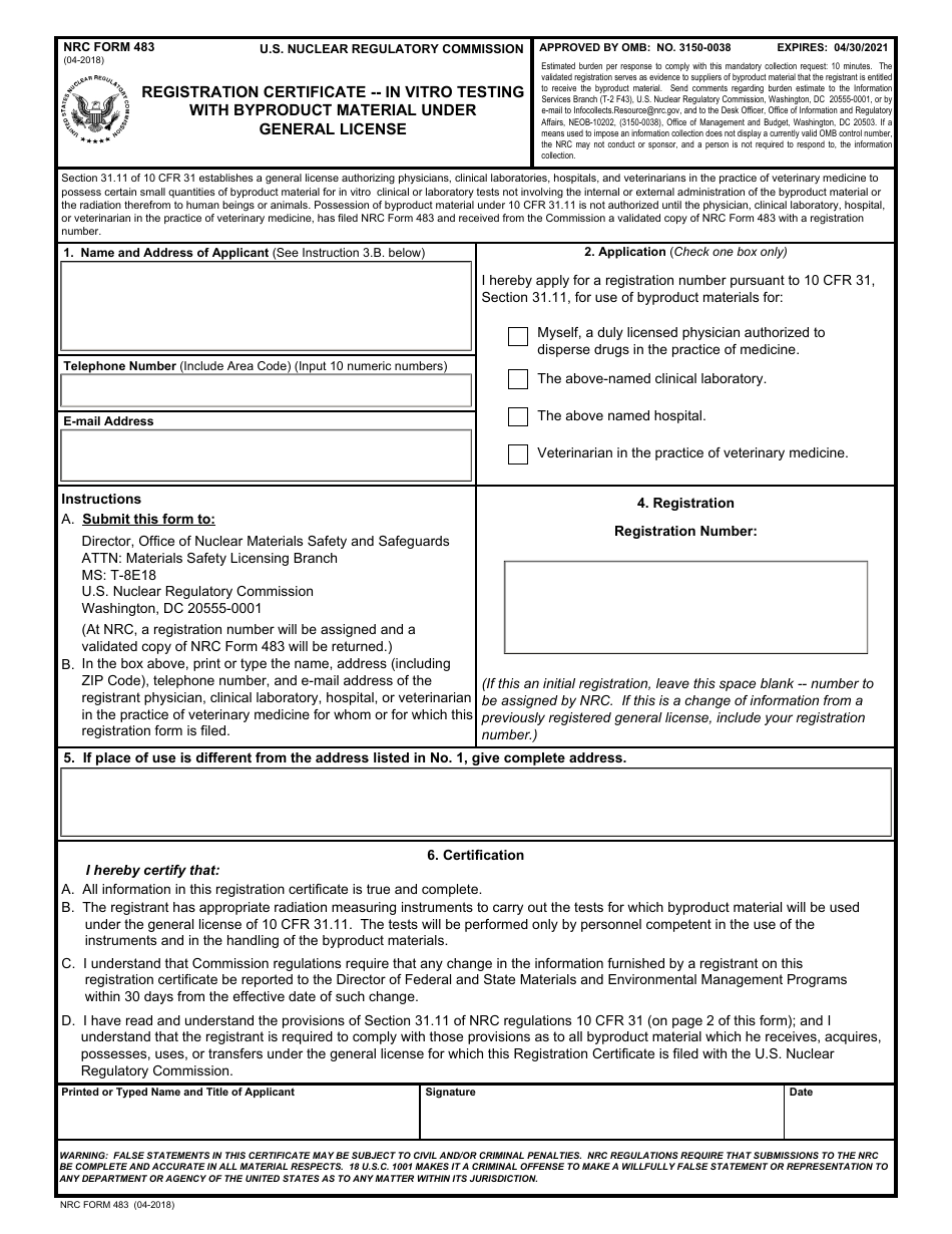NRC Form 483 Registration Certificate - in Vitro Testing With Byproduct Material Under General License, Page 1