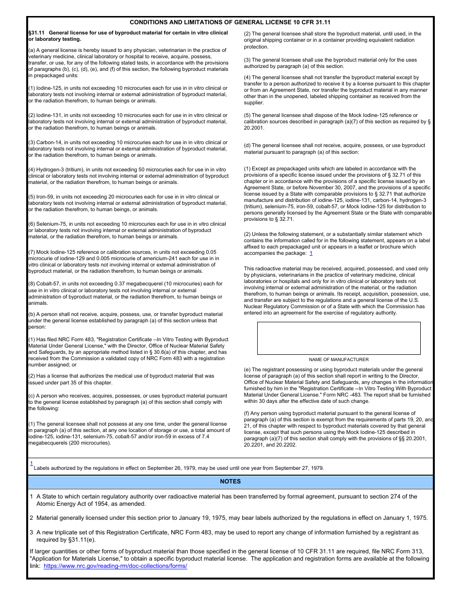 NRC Form 483 Registration Certificate - in Vitro Testing With Byproduct Material Under General License, Page 2