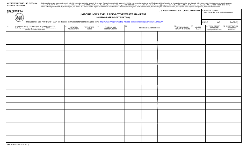 NRC Form 540a Uniform Low-Level Radioactive Waste Manifest - Shipping Paper (Continuation), Page 1