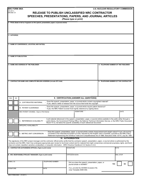 NRC Form 390a  Printable Pdf
