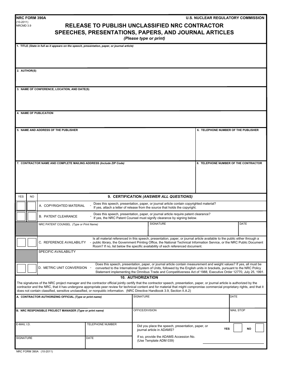 NRC Form 390a Release to Publish Unclassified NRC Contractor Speeches, Presentations, Papers, and Journal Articles, Page 1
