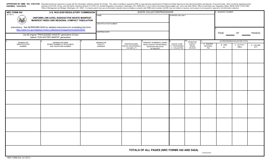 NRC Form 542 Uniform Low-Level Radioactive Waste Manifest Manifest Index and Regional Compact Tabulation, Page 1