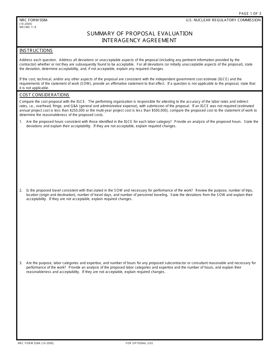 NRC Form 558a Summary of Proposal Evaluation Interagency Agreement, Page 1