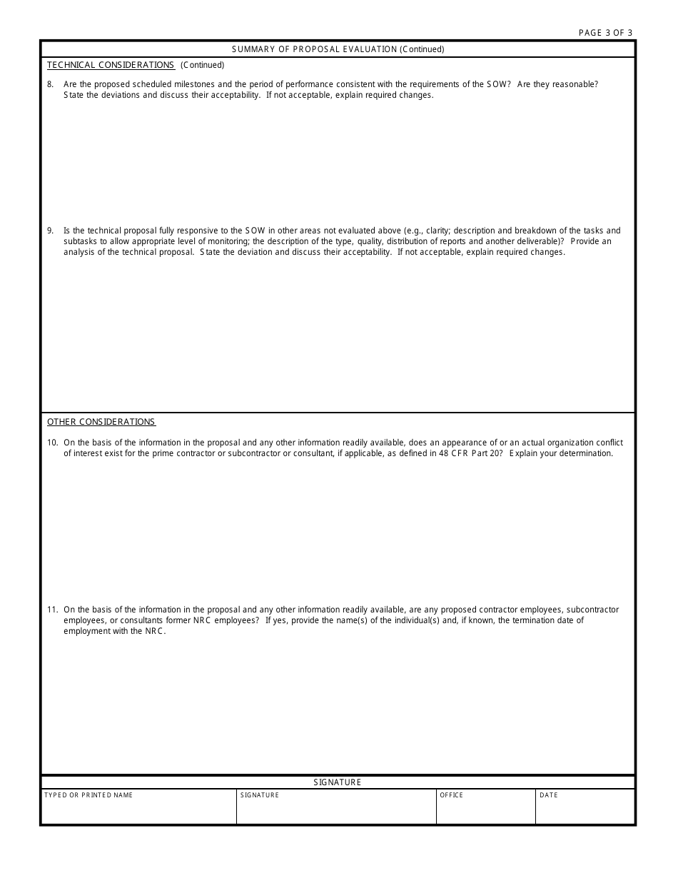 NRC Form 558a Summary of Proposal Evaluation Interagency Agreement, Page 3