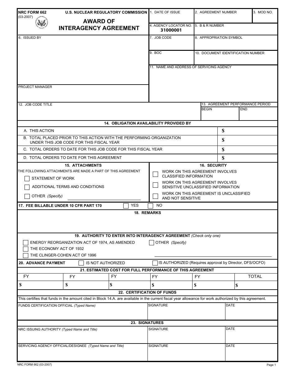 NRC Form 662 Award of Interagency Agreement, Page 1