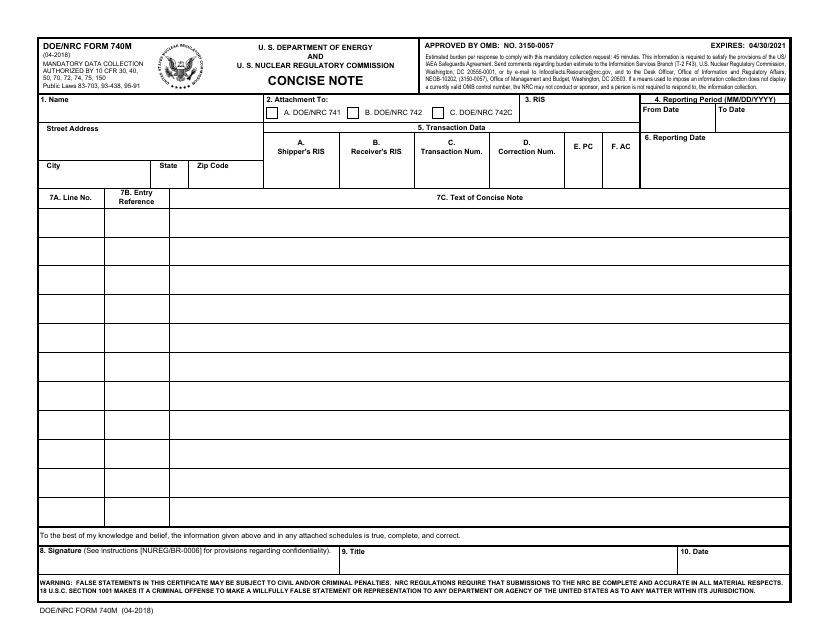 DOE/NRC Form 740M  Printable Pdf