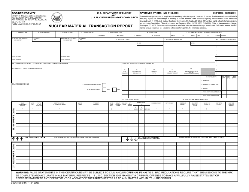 DOE/NRC Form 741  Printable Pdf