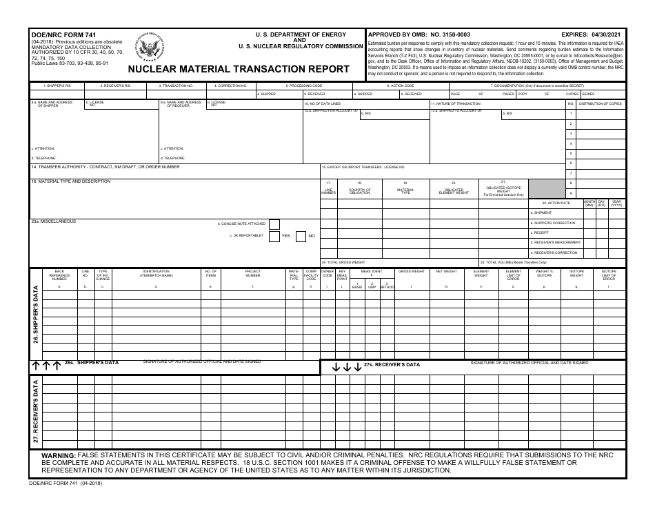 DOE / NRC Form 741 Nuclear Material Transaction Report, Page 1