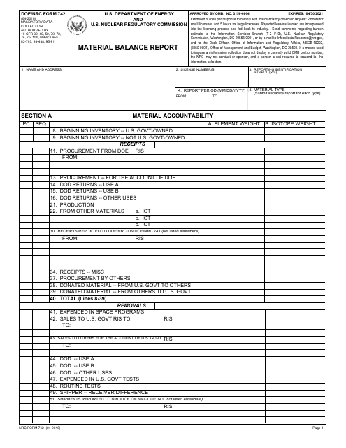 DOE/NRC Form 742  Printable Pdf