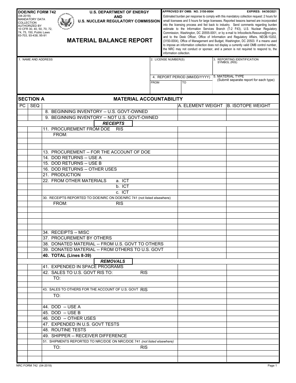 DOE / NRC Form 742 Material Balance Report, Page 1