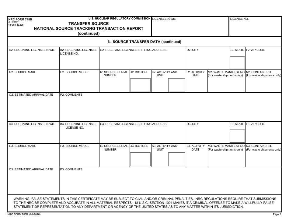 NRC Form 748b Transfer Source National Source Tracking Transaction Report, Page 2