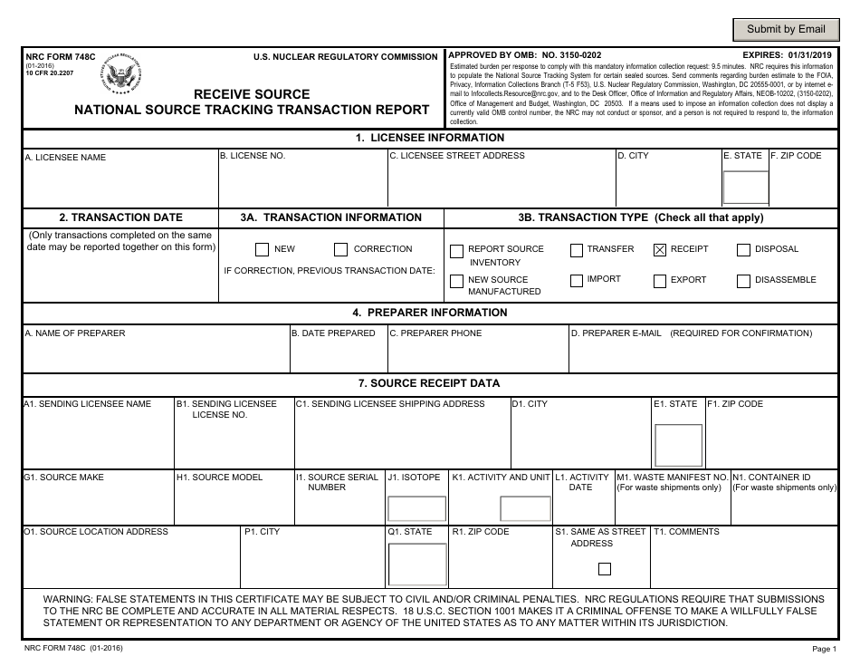 NRC Form 748c Receive Source National Source Tracking Transaction Report, Page 1