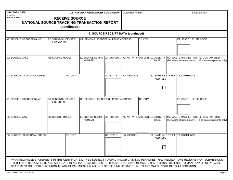 NRC Form 748c Receive Source National Source Tracking Transaction Report, Page 2