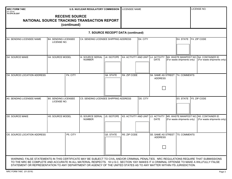 NRC Form 748c Receive Source National Source Tracking Transaction Report, Page 3