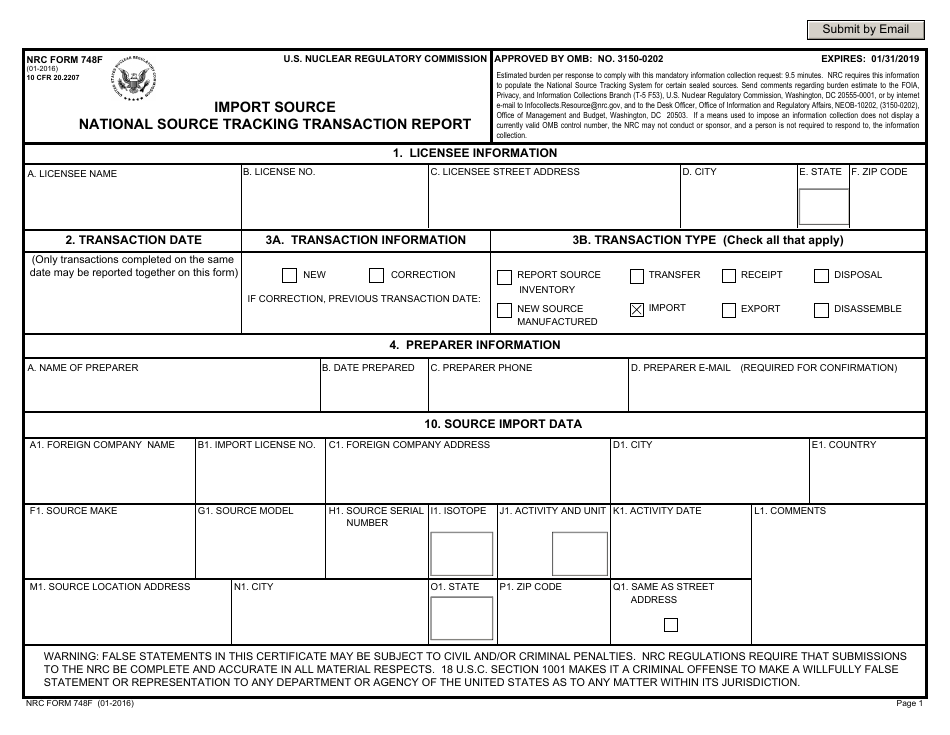NRC Form 748f Import Source National Source Tracking Transaction Report, Page 1