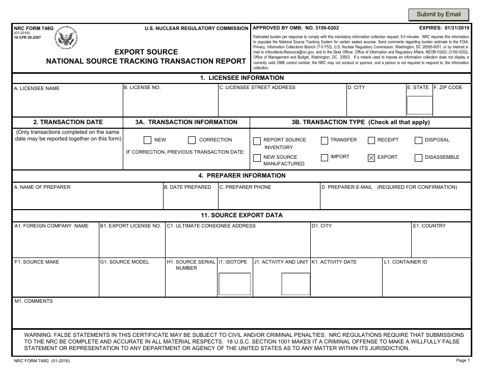 NRC Form 748g Export Source National Source Tracking Transaction Report, Page 1
