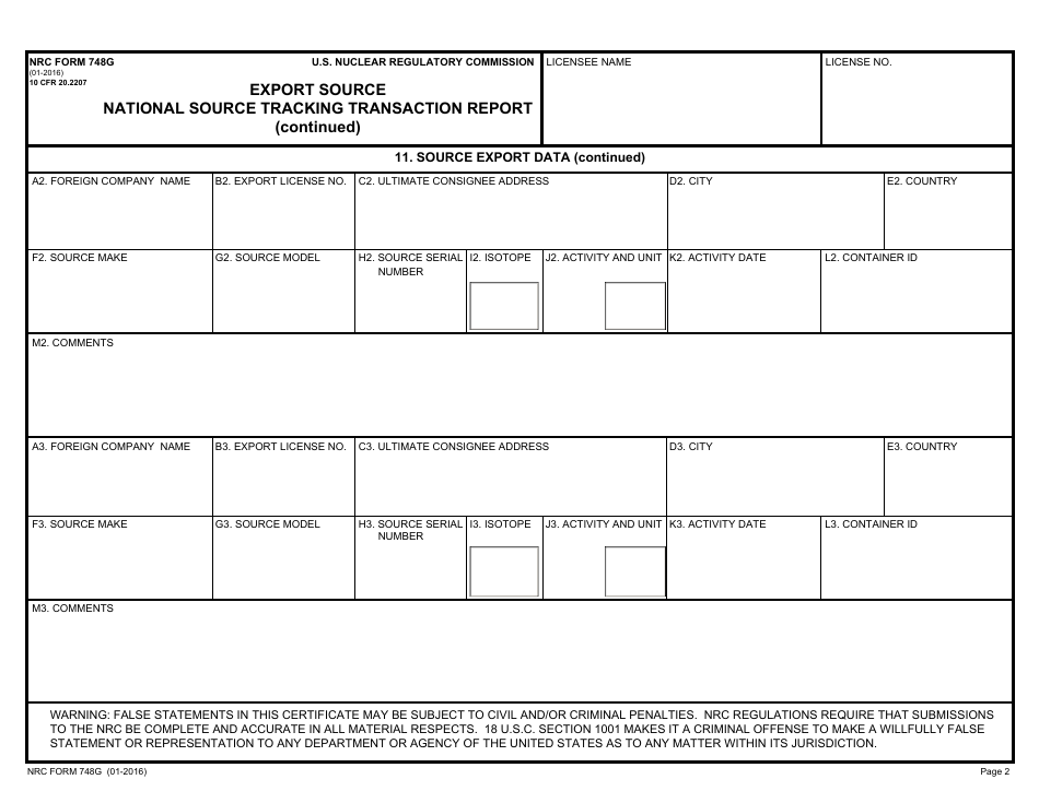 NRC Form 748g Export Source National Source Tracking Transaction Report, Page 2