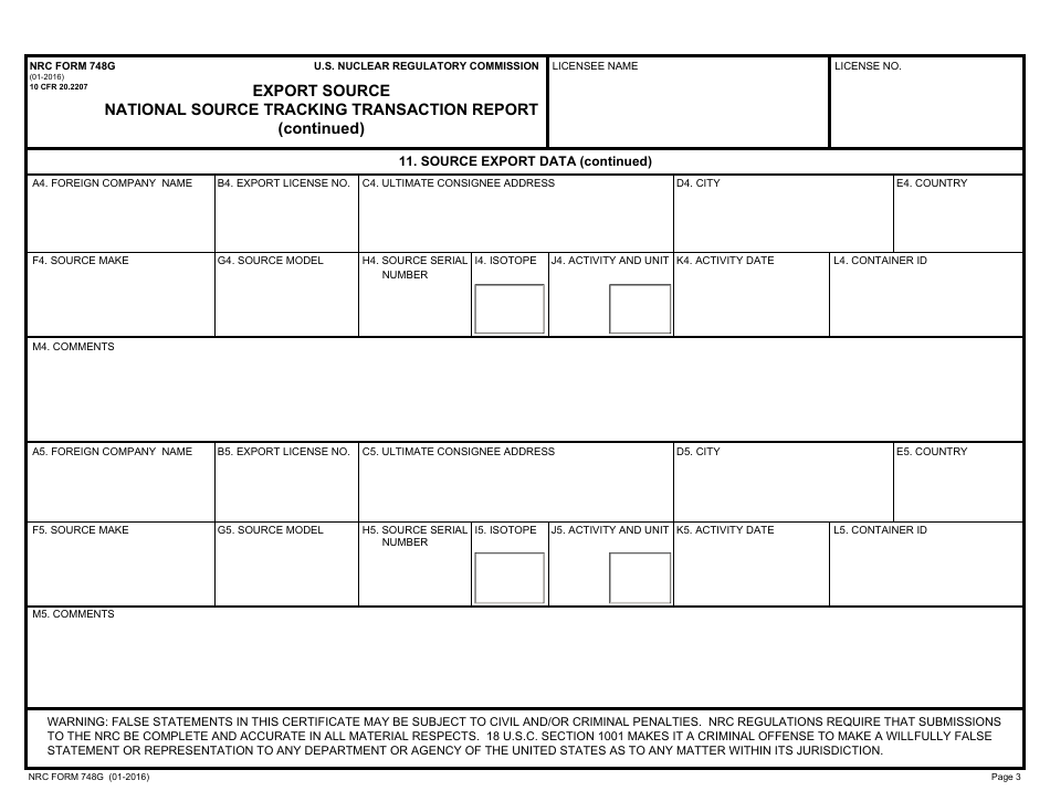 NRC Form 748g Export Source National Source Tracking Transaction Report, Page 3