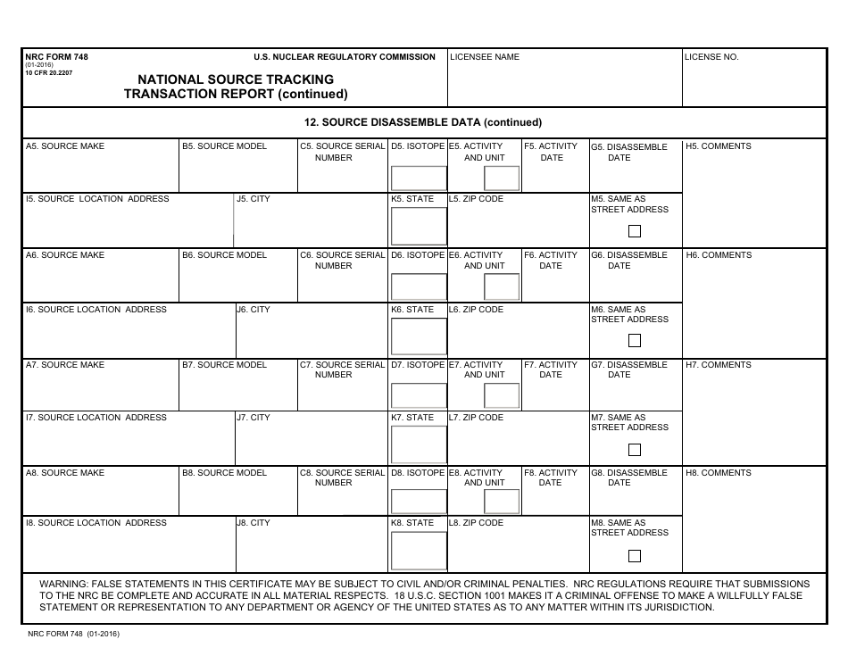NRC Form 748 National Source Tracking Transaction Report, Page 15