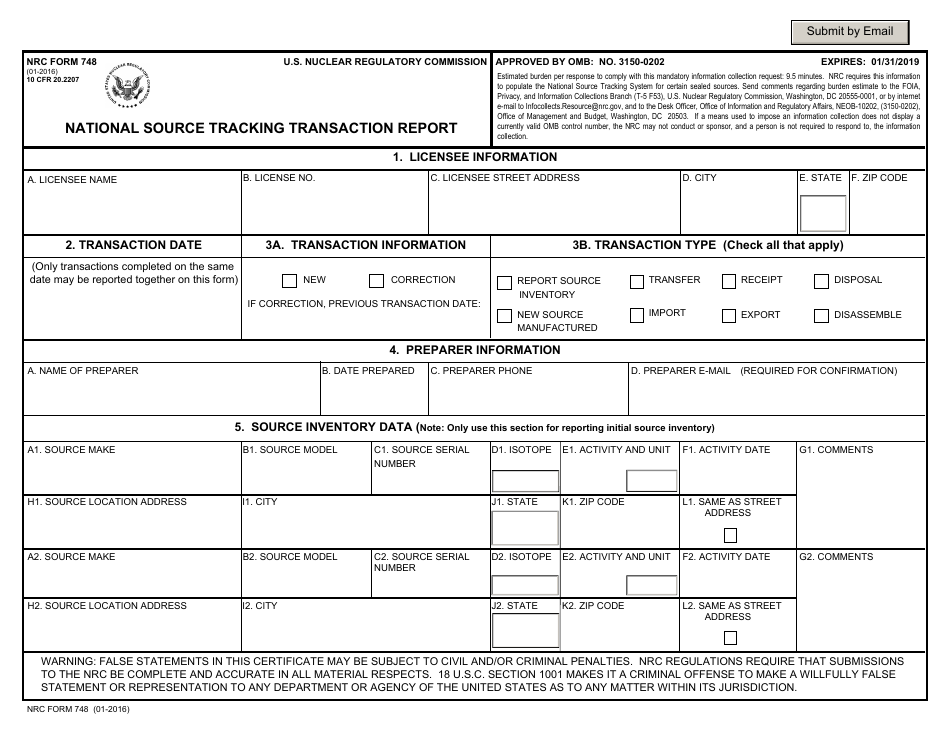 NRC Form 748 National Source Tracking Transaction Report, Page 1