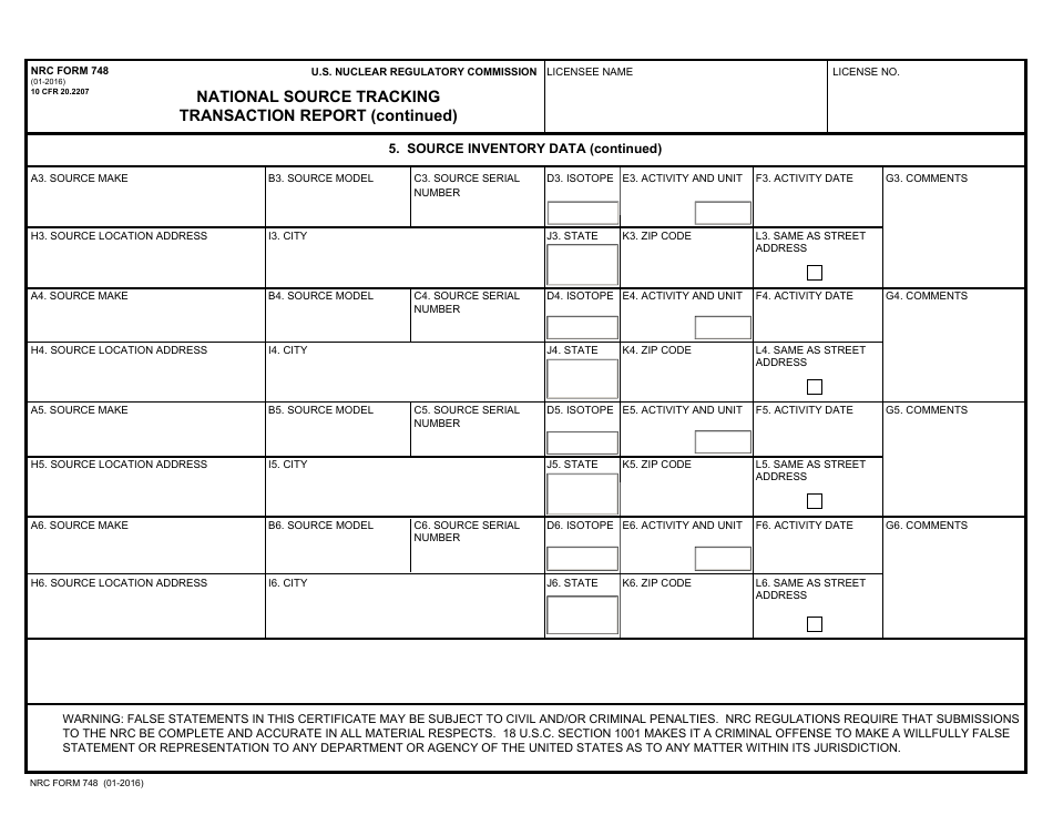 NRC Form 748 National Source Tracking Transaction Report, Page 2