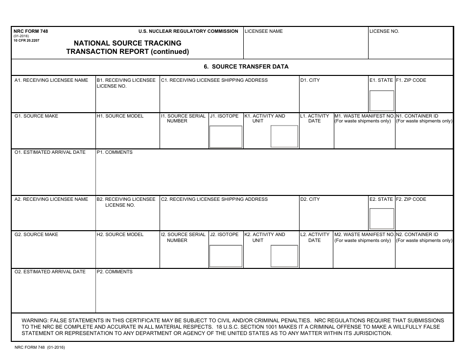 NRC Form 748 National Source Tracking Transaction Report, Page 3