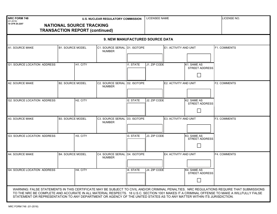 NRC Form 748 National Source Tracking Transaction Report, Page 9