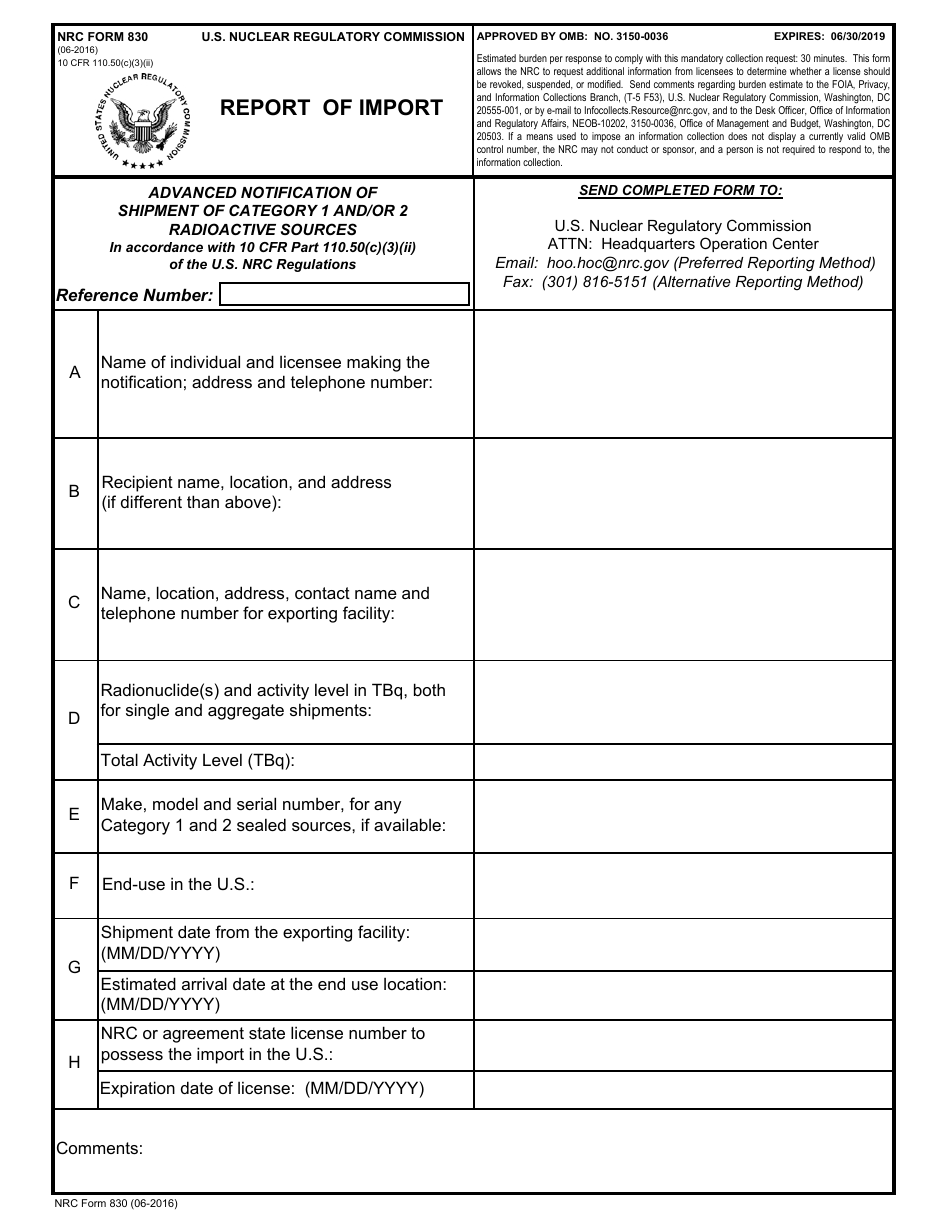NRC Form 830 Report of Import, Page 1