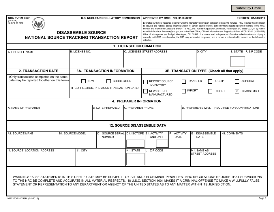 NRC Form 748h Disassemble Source National Source Tracking Transaction Report, Page 1