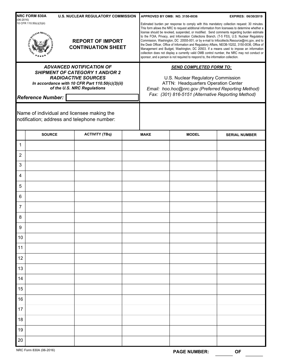 NRC Form 830a Report of Import - Continuation Sheet, Page 1