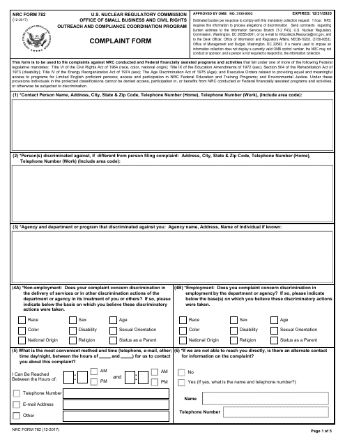 NRC Form 782  Printable Pdf
