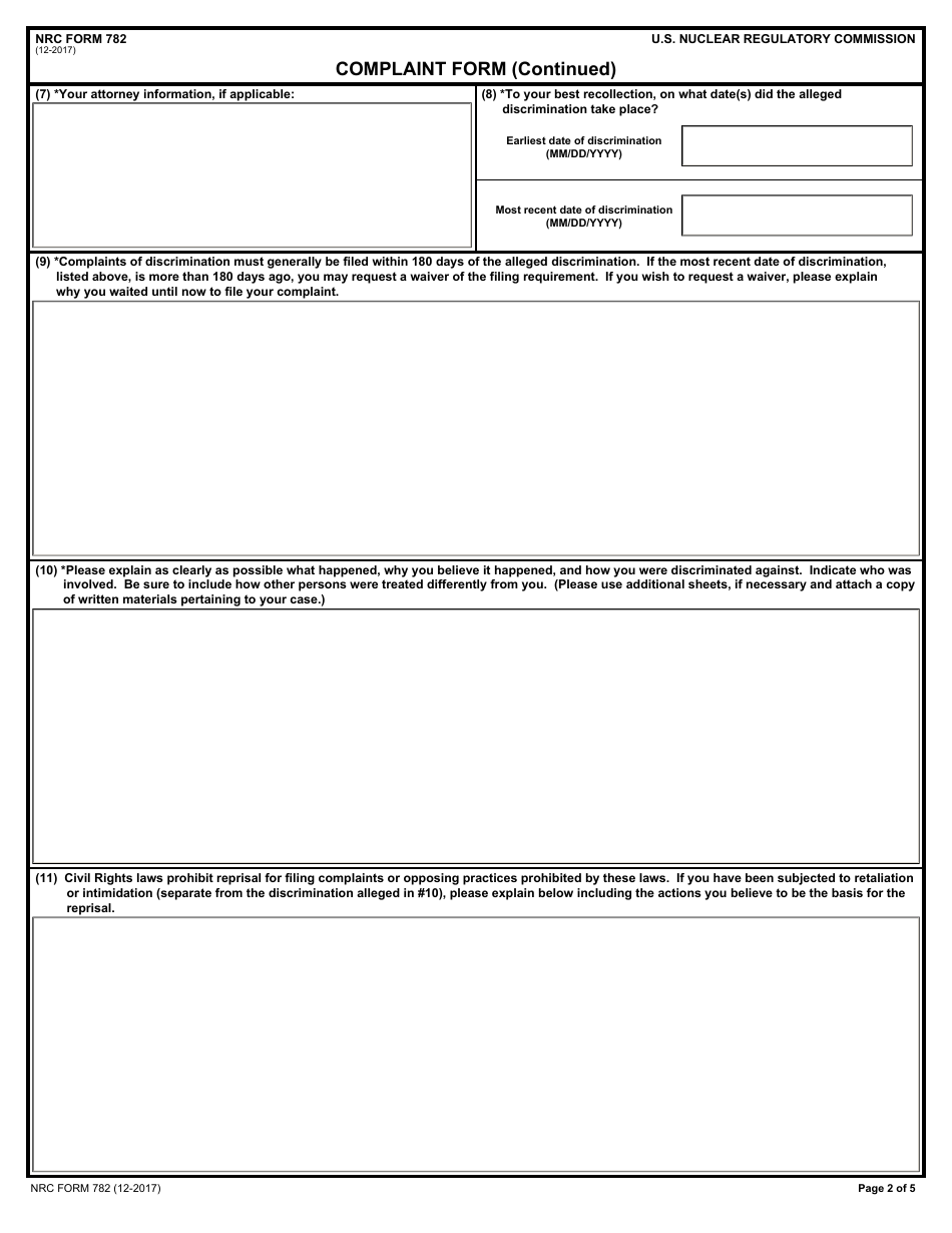 NRC Form 782 Complaint Form, Page 2
