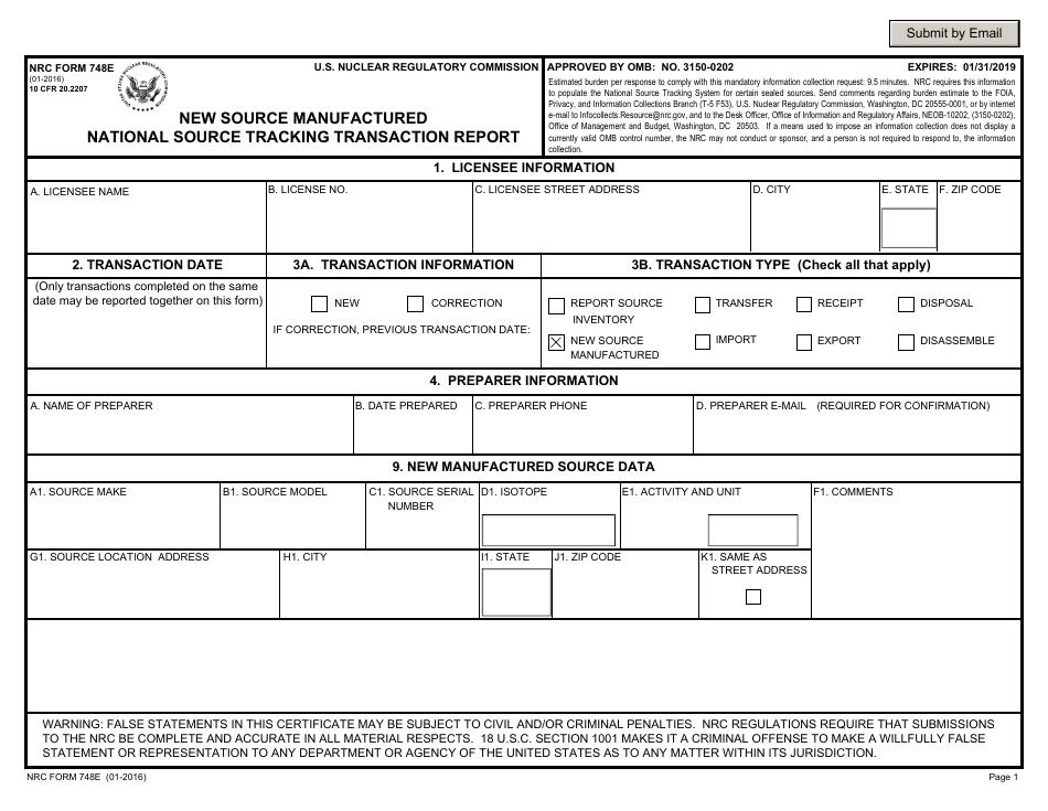 NRC Form 748e New Source Manufactured National Source Tracking Transaction Report, Page 1