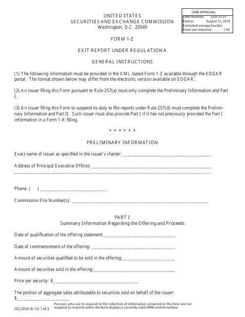 SEC Form 2916 (1-Z)  Printable Pdf